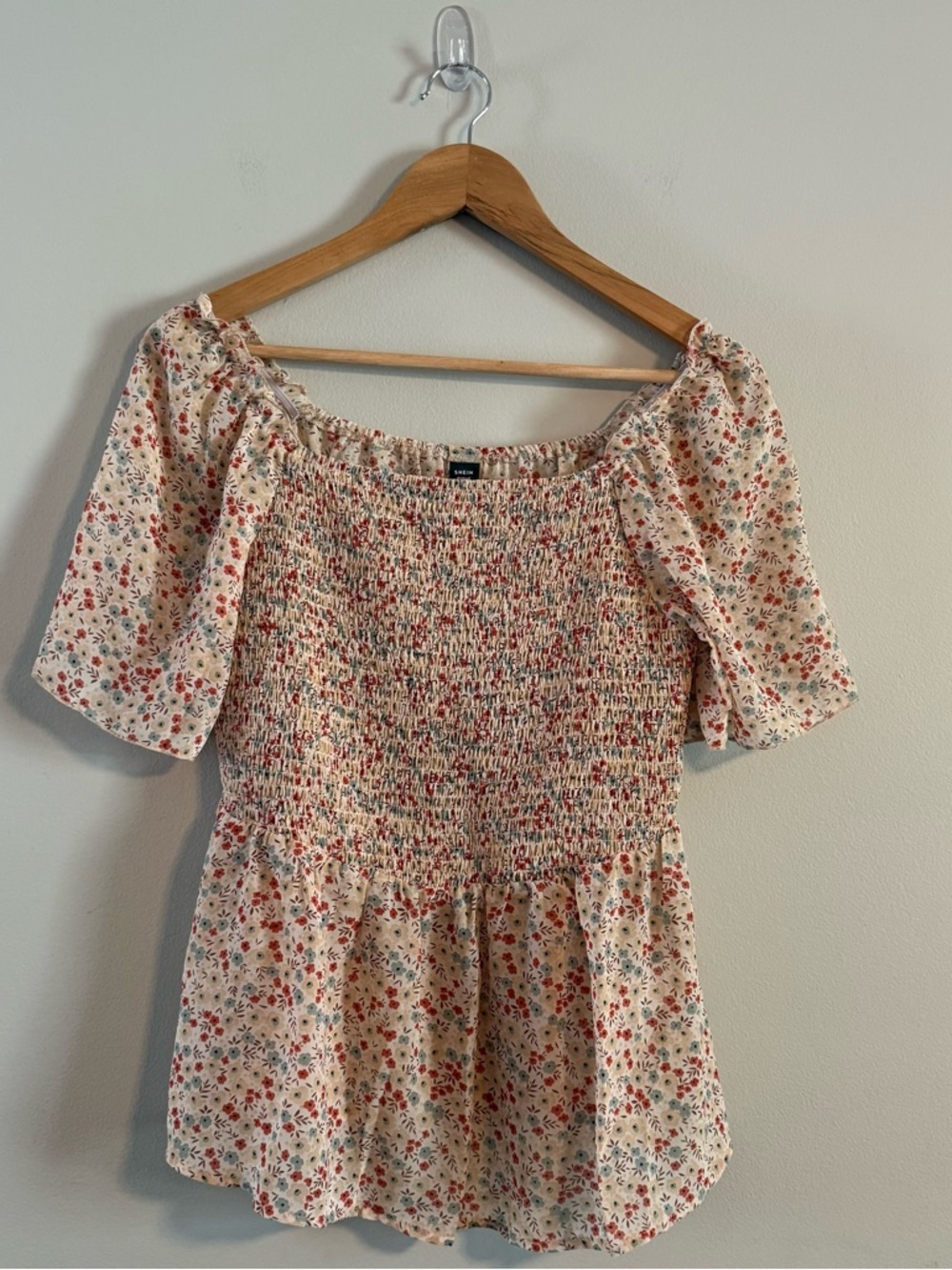 Beige Floral Smocked Square-Neck Peplum Blouse - Picture 2 of 8
